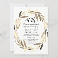 Golden Leaf Wreath 40th Wedding Anniversary Invite