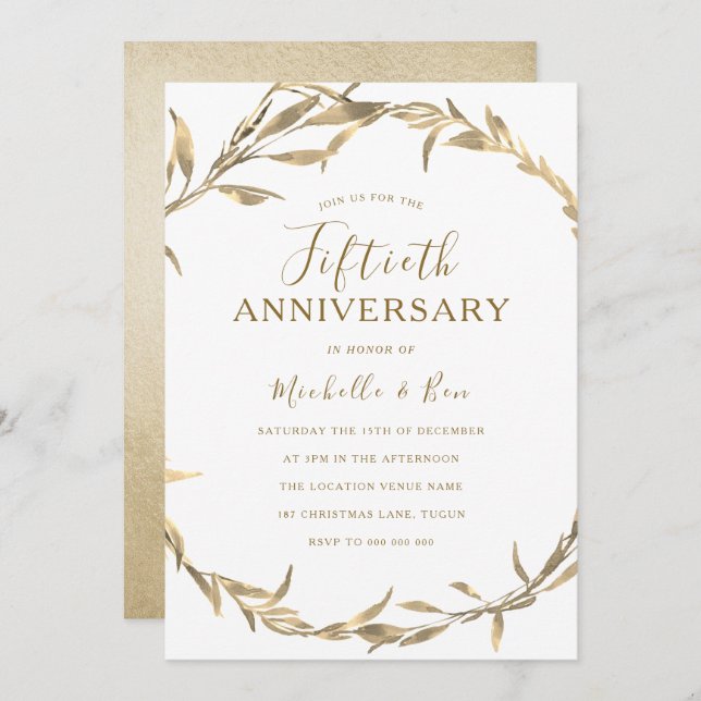 Golden Leaf Wreath 50th Wedding Anniversary Invitation (Front/Back)