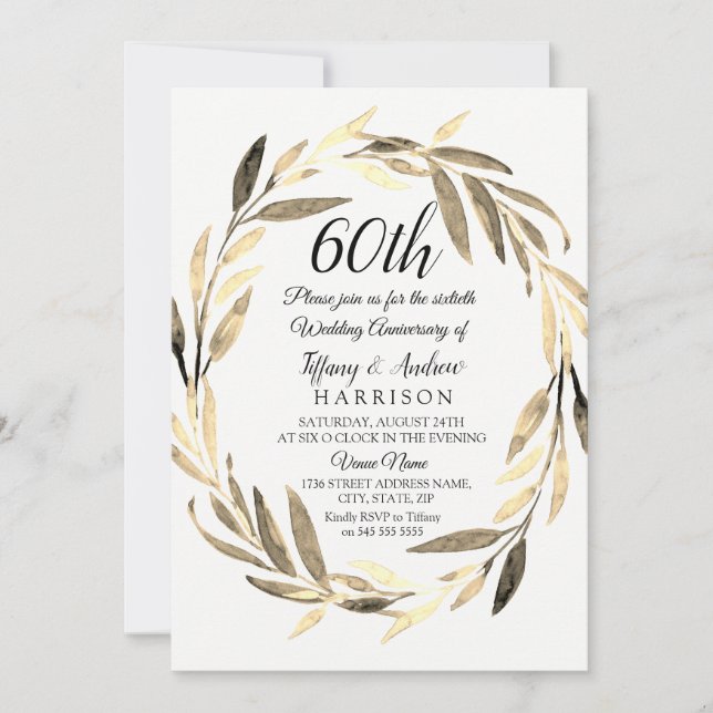 Golden Leaf Wreath 60th Wedding Anniversary Invite (Front)
