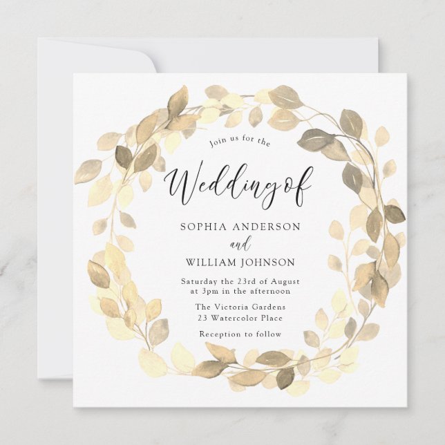 Golden Leaf Wreath Elegant Wedding Invitation (Front)
