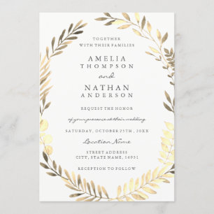 Golden Leaf Wreath Garden Wedding Invitation