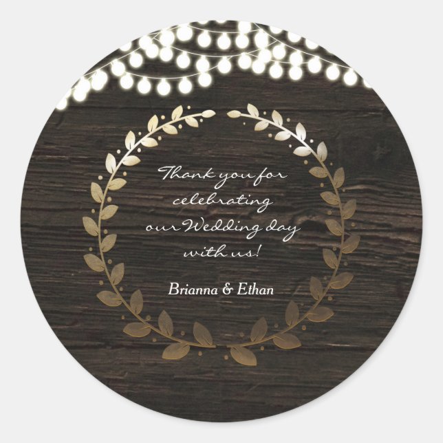 Golden Leaf Wreath & Wood Lights Rustic Stickers (Front)