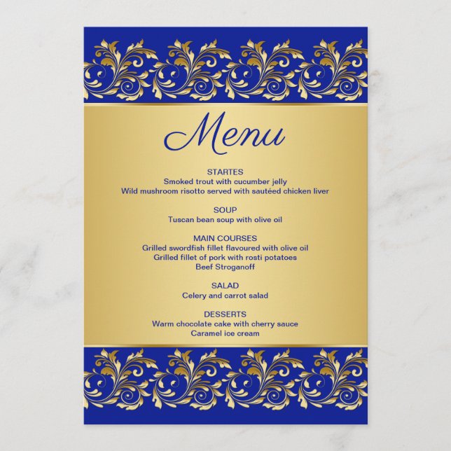 Golden leafy swirls on blue Menu Card (Front)