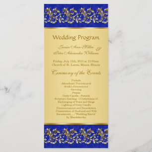 Golden leafy swirls on blue Wedding program card