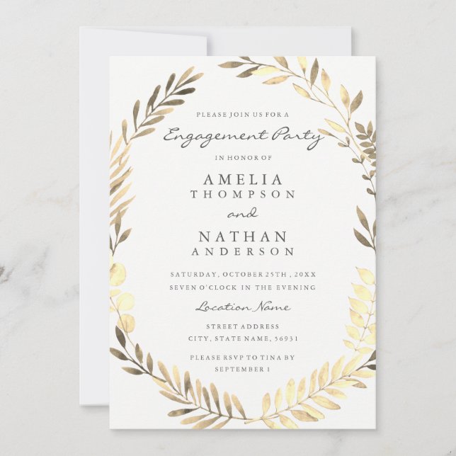 Golden Leave Wreath Engagement Party Invite (Front)