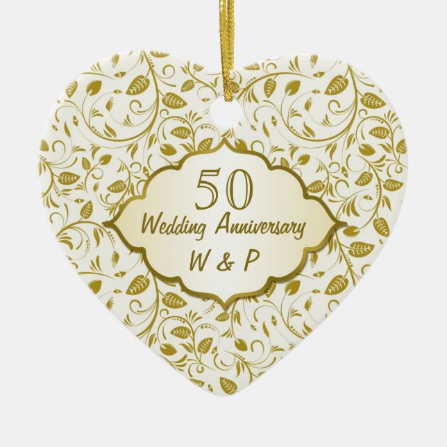 Golden leaves 50th Wedding Anniversary Ceramic Tree Decoration (Front)