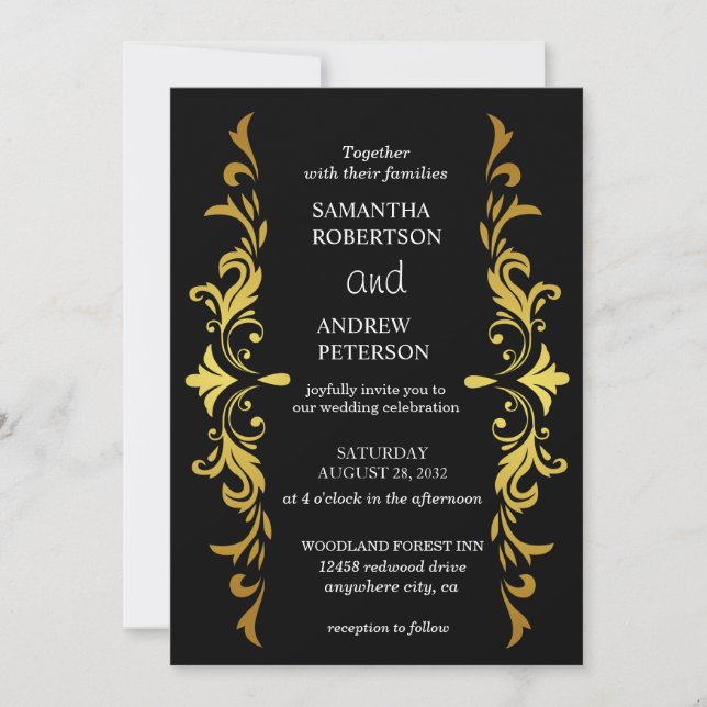 Golden Leaves Frame Black Gold Wedding Invitation (Front)