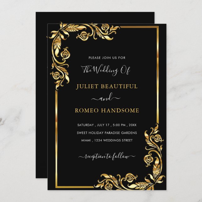 Golden Leaves Framed Black Gold Wedding Invitation (Front/Back)