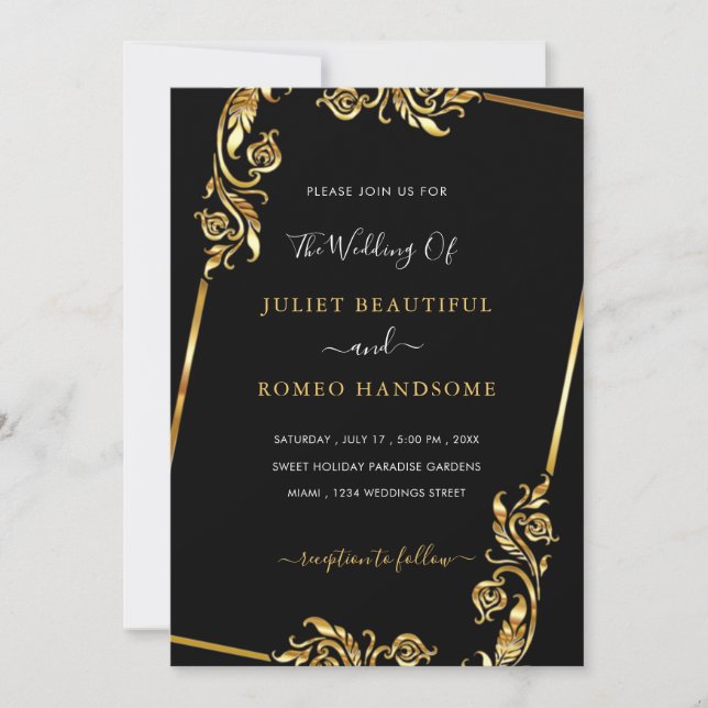 Golden Leaves Framed Wedding Invitation Black Gold (Front)