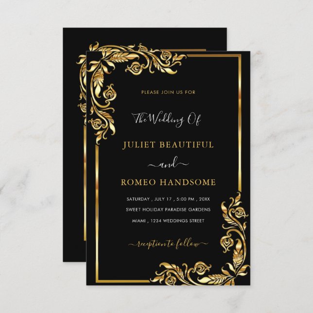 Golden Leaves Framer Black Gold Wedding Invitation (Front/Back)