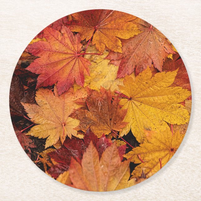 GOLDEN LEAVES OF AUTUMN ROUND PAPER COASTER (Front)