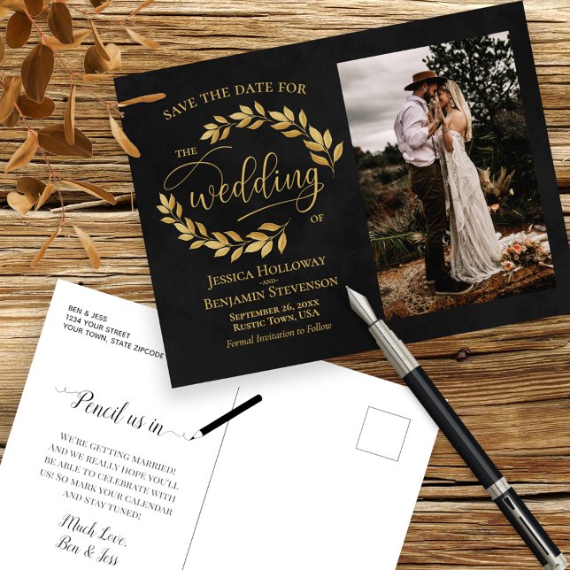 Golden Leaves on Black Photo Wedding Save the Date Announcement Postcard (Creator Uploaded)