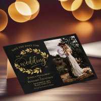 Golden Leaves on Black with Photo Rustic Wedding