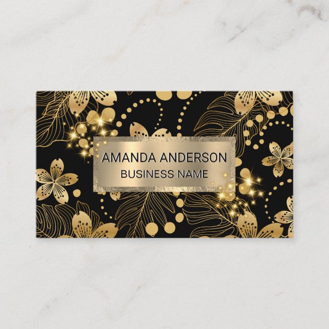 Golden Leaves Pattern Sparkle Business Card (Front)