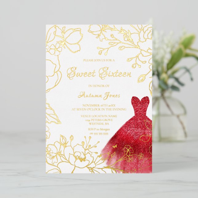 Golden Leaves Red Dress Sweet 16 Party Gold (Standing Front)