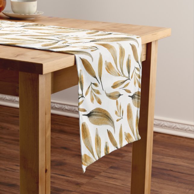 Golden Leaves Watercolor Hand-painted Long Table Runner (In Situ)