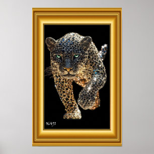 Golden Leopard in Motion – Luxury Black and Gold W Poster