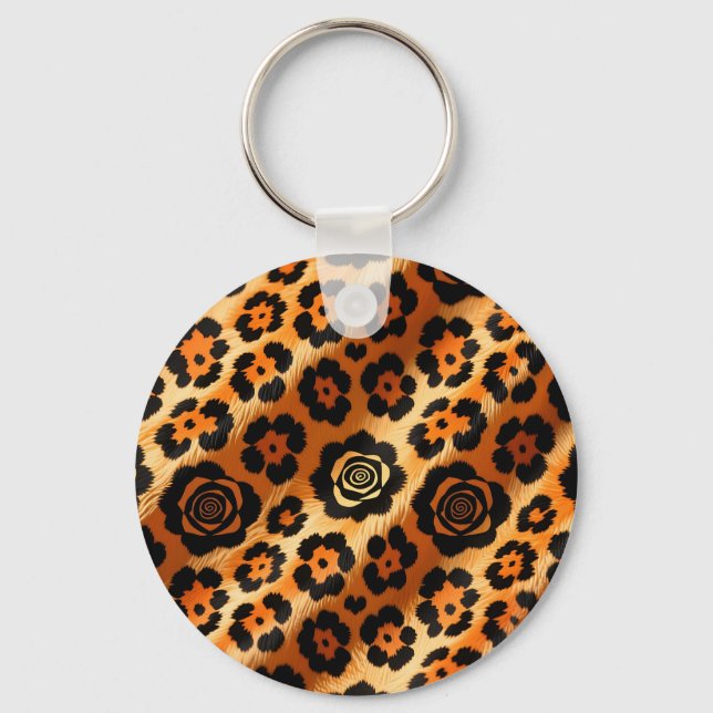Golden Leopard Rose Animal Print Key Ring (Front)