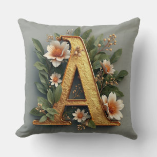 Golden Letter A Surrounded by Floral Arrangements Cushion