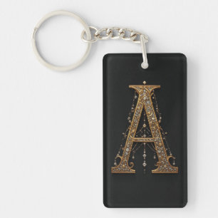 Golden Letter A With Gemstones Baroque Embellishme Key Ring