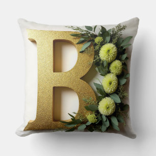 Golden Letter B Surrounded by Floral Arrangements Cushion