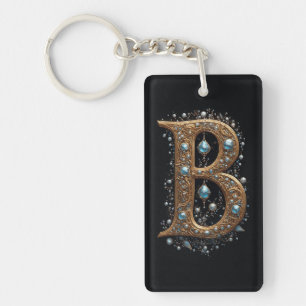Golden Letter B With Gemstones Baroque Embellishme Key Ring
