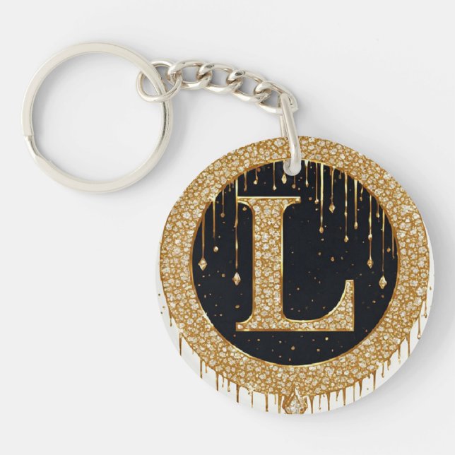 Golden letter L Ornate Initial Black Decor Key Ring (Front)