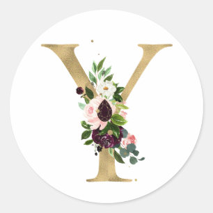 Golden letter MONOGRAMM boho burgundy flowers Cla Classic Round Sticker