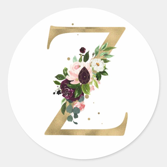 Golden letter MONOGRAMM boho burgundy flowers  Cla Classic Round Sticker (Front)