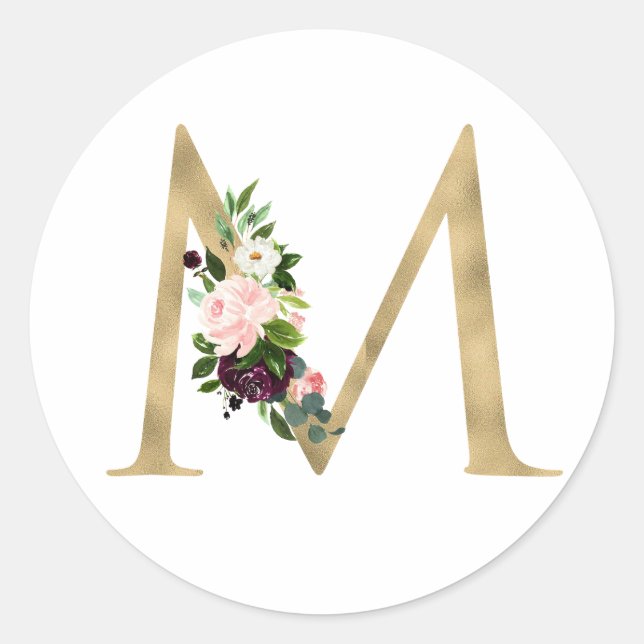Golden letter MONOGRAMM boho burgundy flowers  Cla Classic Round Sticker (Front)