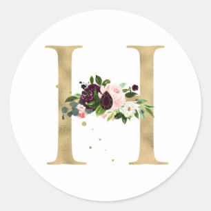 Golden letter MONOGRAMM boho burgundy flowers Clas Classic Round Sticker
