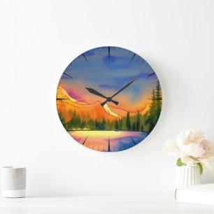 Golden Light Mountains Scenic Watercolor Large Clock