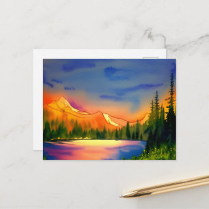 Golden Light Mountains Scenic Watercolor Postcard
