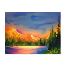 Golden Light Mountains Scenic Watercolor Postcard