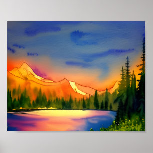 Golden Light Mountains Scenic Watercolor Poster