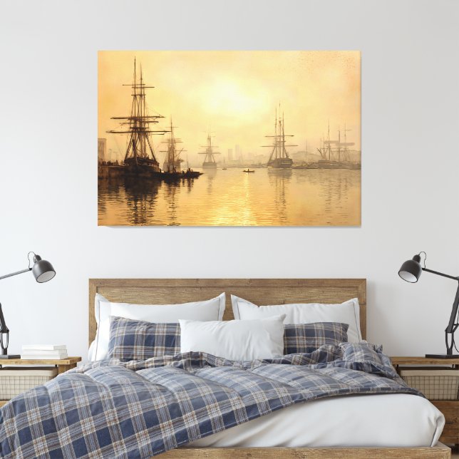 Golden Light on Historic Boston Harbour Canvas Print (Insitu(Bedroom))