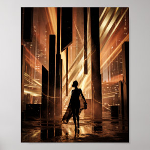 Golden Light Rays City Silhouette Digital Art Poster