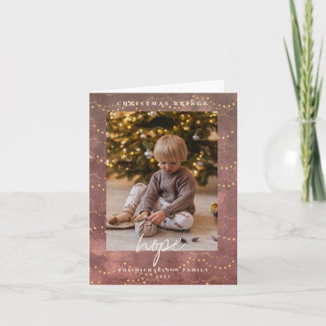 Golden Lights Christmas Two Picture Holiday Card (Front)