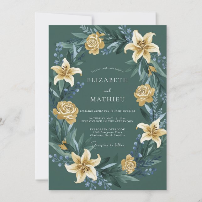 Golden Lily Spruce Wedding Invitation (Front)
