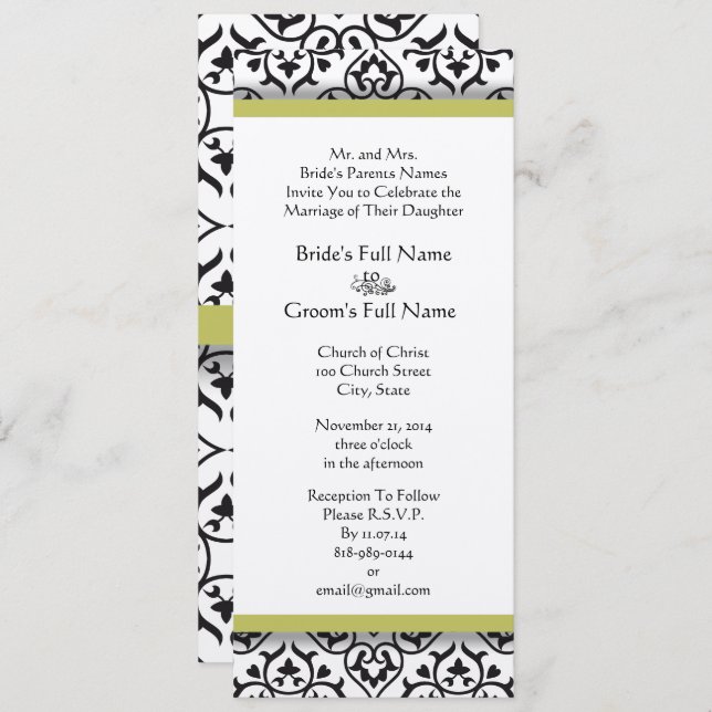 Golden Lime  Damask Swirls Wedding Invitation (Front/Back)