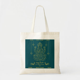 Golden Line Art of Goddess Lakshmi on Lotus Tote Bag