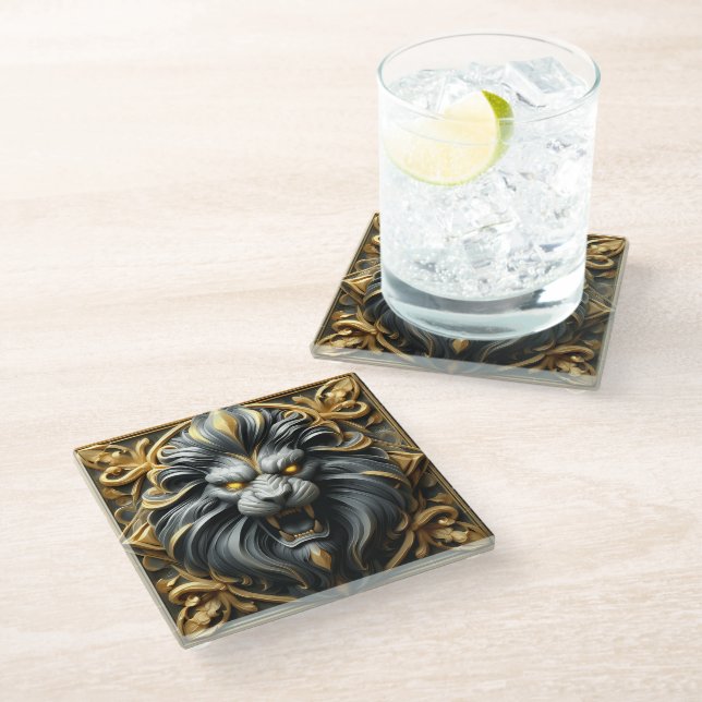 Golden Lion Head with Intricate Detailing Glass Coaster (Angled)