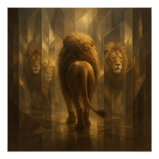 Golden Lion in a Mirror Maze – Majestic GeoWild Ar Poster