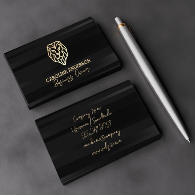 Golden Lion Logo | Black Striped Background Business Card (Creator Uploaded)