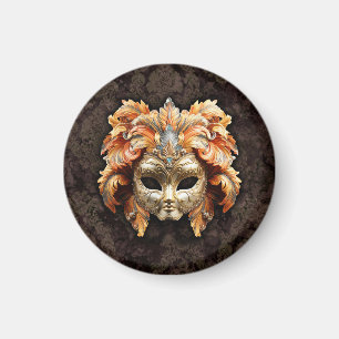Golden Lion Mask with a Orange Feathers Magnet