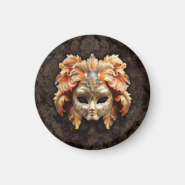 Golden Lion Mask with a Orange Feathers  Magnet (Front)