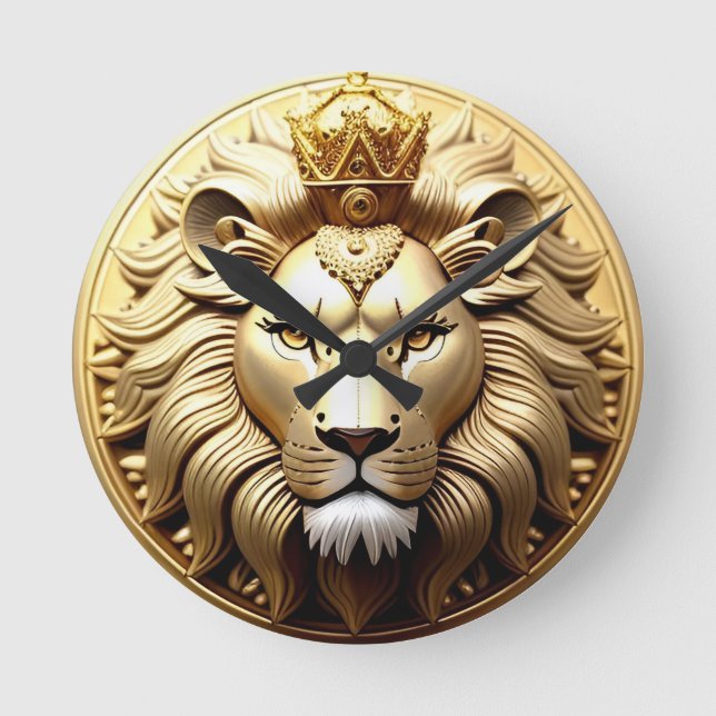 Golden Lion Medallion With Crown Round Clock (Front)