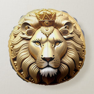 Golden Lion Medallion With Crown Round Cushion