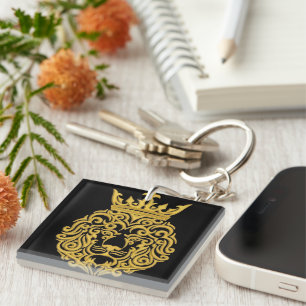 Golden Lion with Crown - Majestic Embroidery Style Key Ring