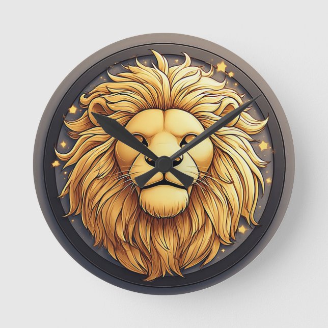 Golden Lion Within Cosmic Circle Round Clock (Front)